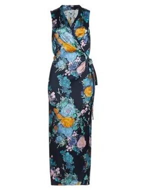 Vince Navy Floral Midi Wrap Dress with Teal & Mustard Accents